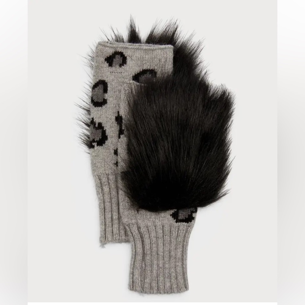 Adrienne Landau knit Leopard print fingerless faux fur gloves brand new with tag